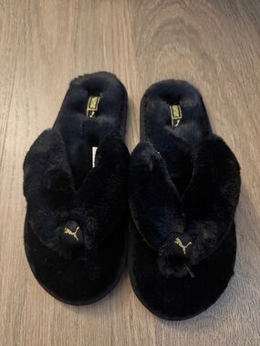 Puma Women's Black Plush Thong Slippers with Gold Logo